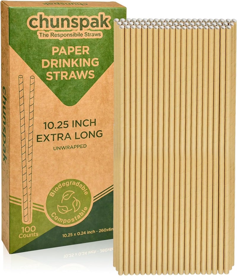 chunspak قصبة ورقية بنية كرافت خالية من الصبغة قابلة للتحلل البيولوجي، طول إضافي 10 بوصات، عدد 100، للكوكتيلات الطويلة والأكواب الطويلة والمشروبات الطويلة والحانات والمطاعم - Image 1