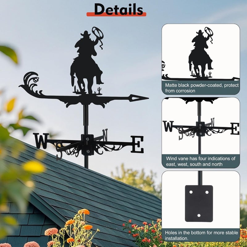 VESTCDF Cowboy Weather Vane, Black Metal Weathervane Roof Mount, Wind Vane Ornament Decoration for Shed Garden Yard Farmhouse Patio Decor, Wind Direction Indicators Wind Measuring Tool Outdoor - Image 4