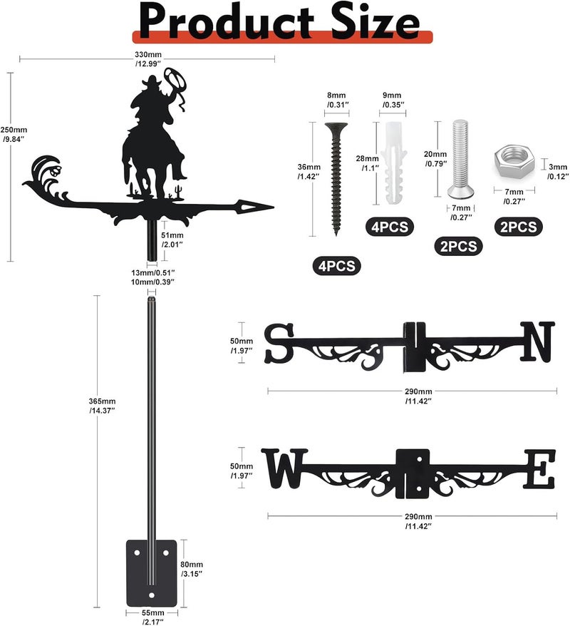 VESTCDF Cowboy Weather Vane, Black Metal Weathervane Roof Mount, Wind Vane Ornament Decoration for Shed Garden Yard Farmhouse Patio Decor, Wind Direction Indicators Wind Measuring Tool Outdoor - Image 2