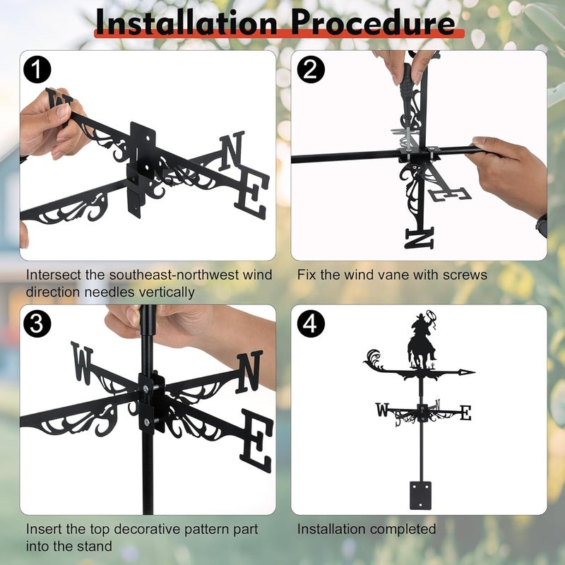 VESTCDF Cowboy Weather Vane, Black Metal Weathervane Roof Mount, Wind Vane Ornament Decoration for Shed Garden Yard Farmhouse Patio Decor, Wind Direction Indicators Wind Measuring Tool Outdoor - Image 5