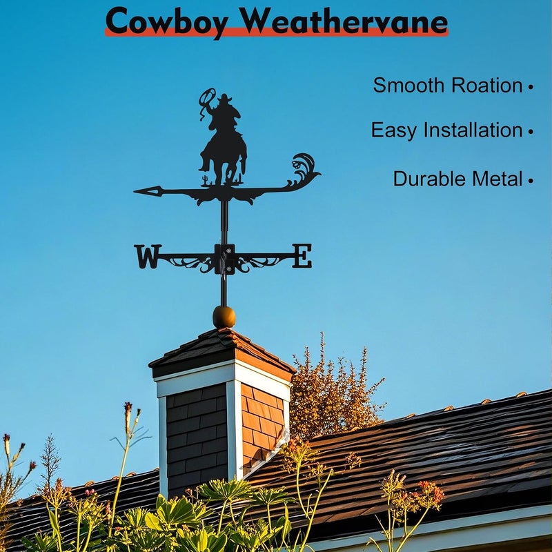 VESTCDF Cowboy Weather Vane, Black Metal Weathervane Roof Mount, Wind Vane Ornament Decoration for Shed Garden Yard Farmhouse Patio Decor, Wind Direction Indicators Wind Measuring Tool Outdoor - Image 3