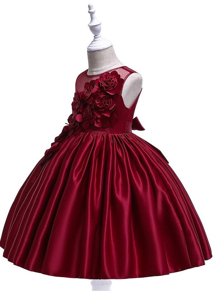 Best Gift Fashion Floral Midi Party Dress for Girls Red Color  - Image 2