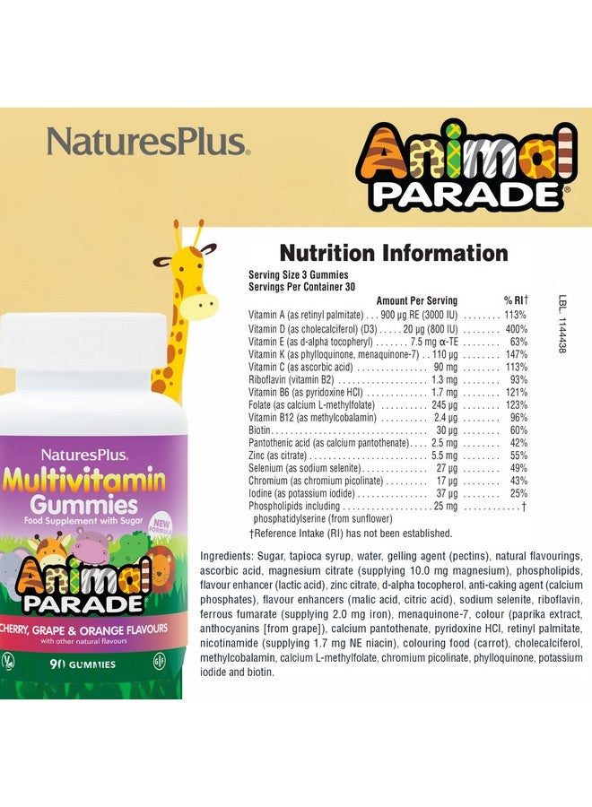 Natures Plus Animal Parade Multivitamin Children's Gummies - 90 Count - Assorted Cherry, Grape & Orange Flavors - Supports Immune System - Vegetarian, Gluten Free - 30 Servings - Image 2