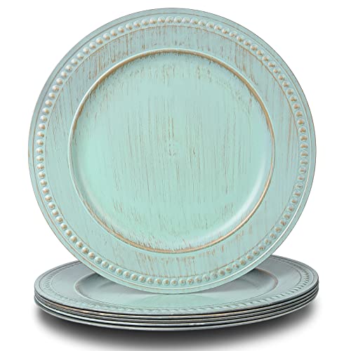 Kazozobi 13" Vintage Charger Plates, Turquoise Beaded Chargers for Dinner Plates Set of 6, Reusable Decorative Charger Plate Set Bulk Wedding, Suitable for Easter, Anniversaries, Valentine's Day, Baby Shower - Image 1