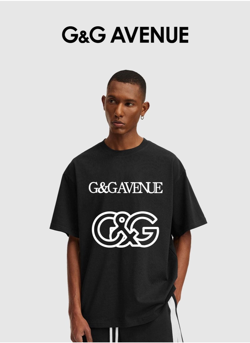 G&G AVENUE Heavy cotton fabric Men's retro oversized T-shirt with letter pattern printed round neck short top, street clothing, cotton short sleeves, black  - Image 1