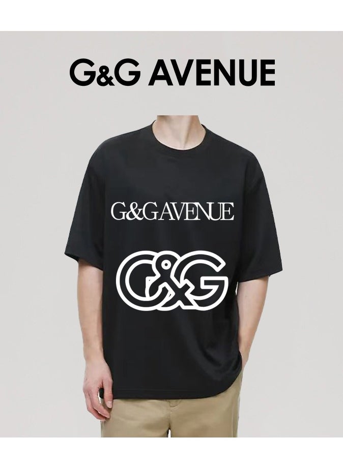 G&G AVENUE Heavy cotton fabric Men's retro oversized T-shirt with letter pattern printed round neck short top, street clothing, cotton short sleeves, black  - Image 4