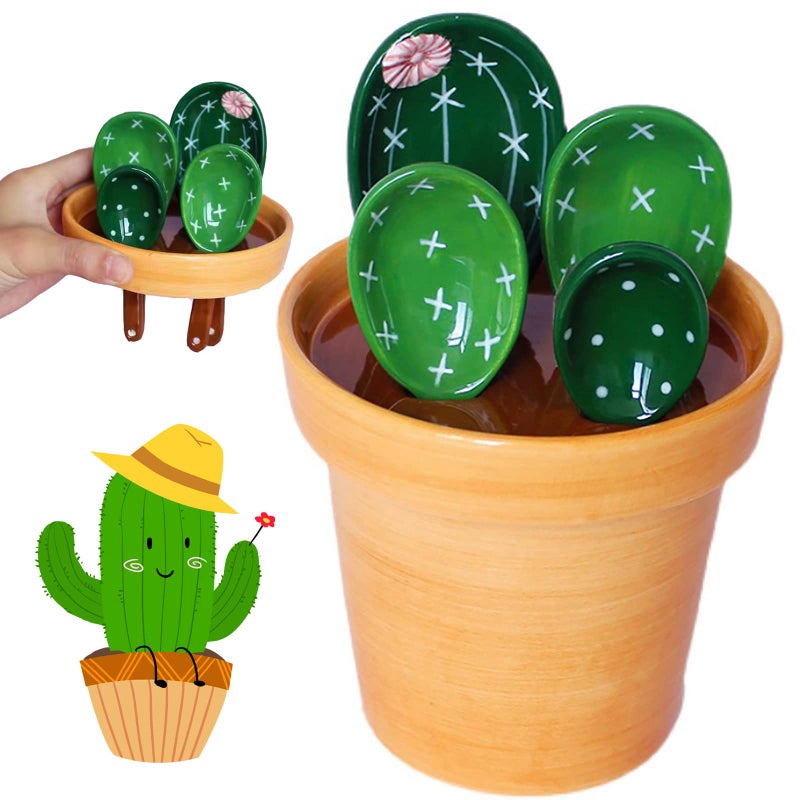 Cactus Measuring Spoons Set in Pot Cute Ceramic Measuring Spoons and Cups Kitchen Cacti Spoon with Holder Baking Measuring Cups Ornaments Gift