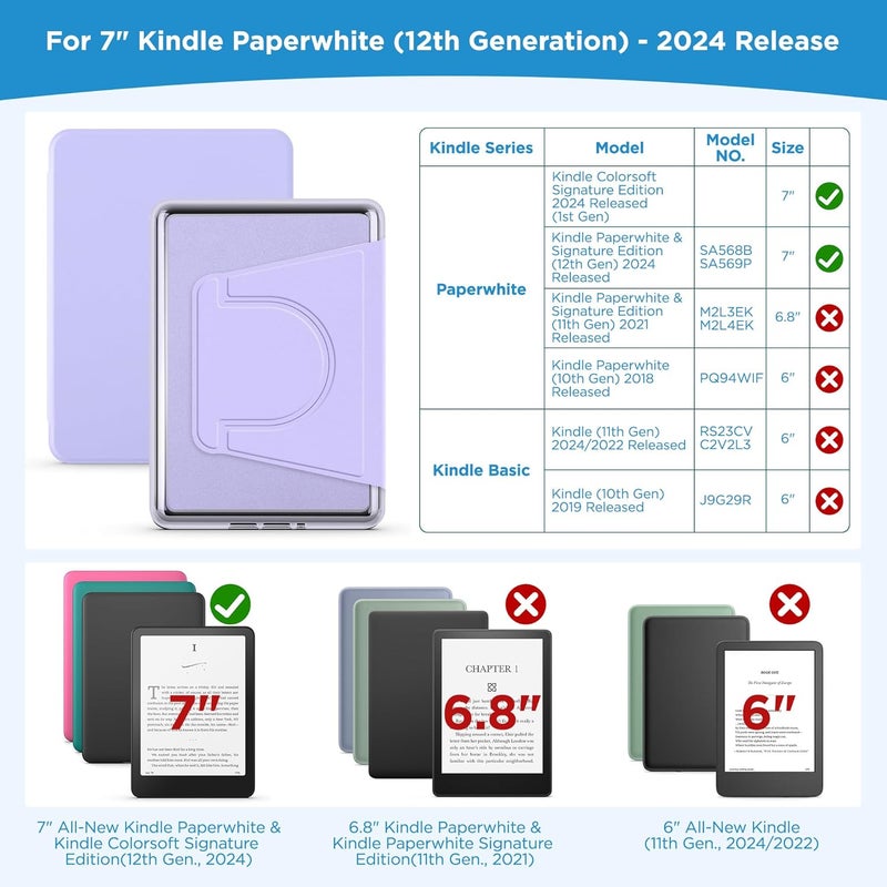 Vane Oak Magnetic Detachable 2-in-1 Stand Case for 7'' Kindle Paperwhite 12th Gen 2024 and Kindle Colorsoft Signature Edition, Slim PU Shell Cover Case with Auto Wake/Sleep, Light Purple - Image 2