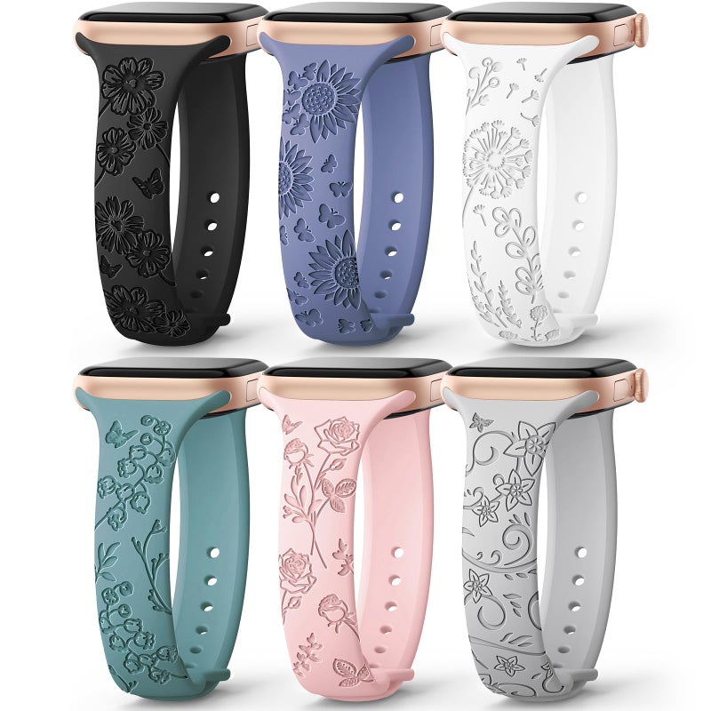 AMSKY 6 Pack Slim Floral Engraved Bands Compatible with Apple Watch Band 40mm 41mm 42mm 38mm 44mm 45mm 46mm 49mm for Women,Cute Silicone Sport Strap for iWatch Series 11 10 Ultra 9 8 7 6 5 4 3 2 1 SE - Image 1