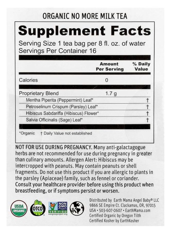 Earth Mama Organic No More Milk Tea Refreshing Hibiscus Sage Caffeine Free 16 Tea Bags 0.96 oz (27.2 g)  - Image 2