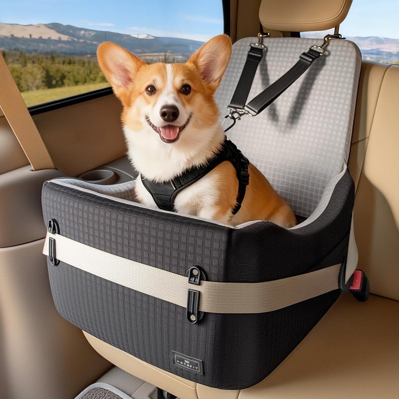 PETSFIT Dog Car Seat for Small/Medium Dogs Up to 35 lbs â€“ Patented Safety System, 6" Memory Foam Pet Booster Car Seat, Fully Detachable and Washable Dog Carseat with 2 Storage Pockets (Black & Grey) - Image 1