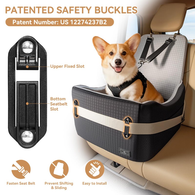 PETSFIT Dog Car Seat for Small/Medium Dogs Up to 35 lbs â€“ Patented Safety System, 6" Memory Foam Pet Booster Car Seat, Fully Detachable and Washable Dog Carseat with 2 Storage Pockets (Black & Grey) - Image 2