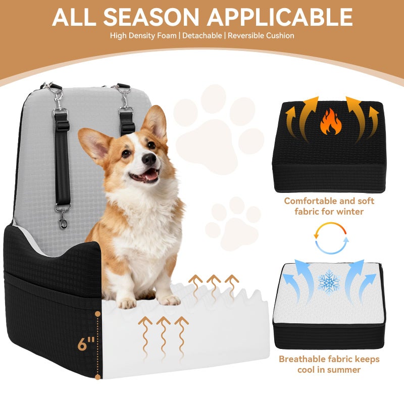 PETSFIT Dog Car Seat for Small/Medium Dogs Up to 35 lbs â€“ Patented Safety System, 6" Memory Foam Pet Booster Car Seat, Fully Detachable and Washable Dog Carseat with 2 Storage Pockets (Black & Grey) - Image 3