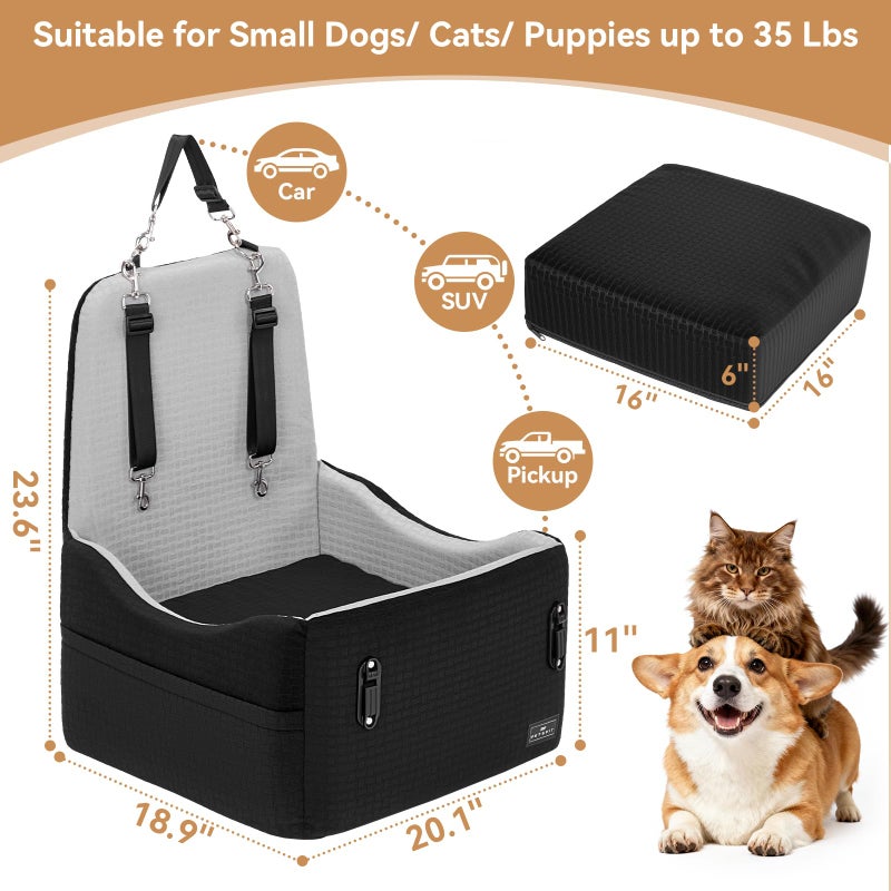 PETSFIT Dog Car Seat for Small/Medium Dogs Up to 35 lbs â€“ Patented Safety System, 6" Memory Foam Pet Booster Car Seat, Fully Detachable and Washable Dog Carseat with 2 Storage Pockets (Black & Grey) - Image 5