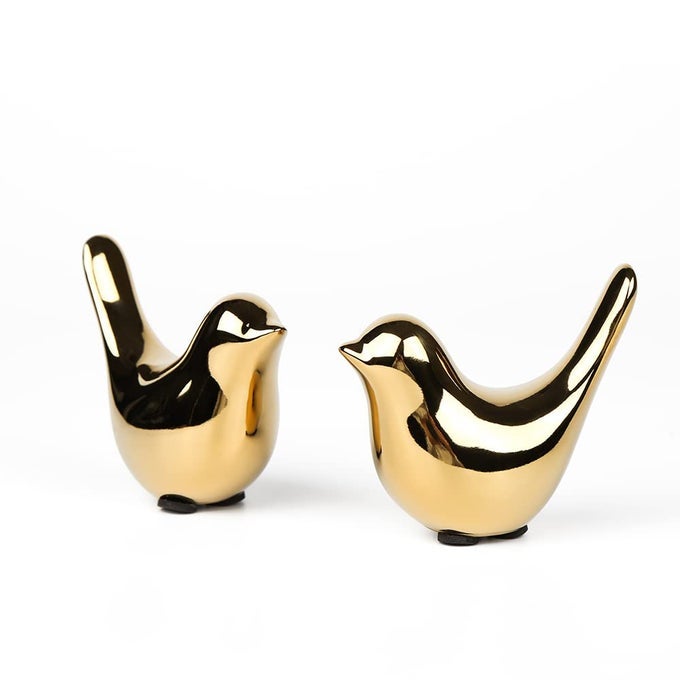 HOME CERAMIC DECOR GOLD BIRDS FIGURINE GARDEN COTTAGE DECORATIVE SMALL 2PCS