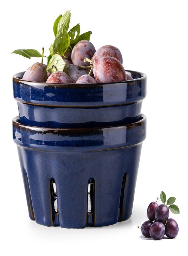 Gomakren Fruit Bowl with Holes, Ceramic Berry Basket Set of 2, 5.8 Inch Round Fruit Storage Containers, Strawberry Baskets, Farmhouse Kitchen Decor - Cobalt Blue - Image 1