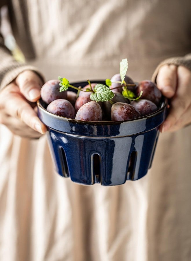 Gomakren Fruit Bowl with Holes, Ceramic Berry Basket Set of 2, 5.8 Inch Round Fruit Storage Containers, Strawberry Baskets, Farmhouse Kitchen Decor - Cobalt Blue - Image 5