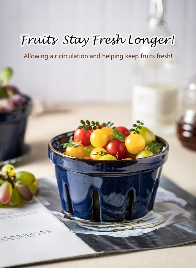 Gomakren Fruit Bowl with Holes, Ceramic Berry Basket Set of 2, 5.8 Inch Round Fruit Storage Containers, Strawberry Baskets, Farmhouse Kitchen Decor - Cobalt Blue - Image 3