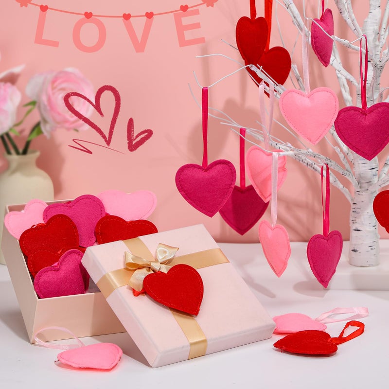 Apipi Set of 24 Valentine's Day Felt Heart Ornaments- Red Rose Pink Valentines Heart Ornaments Felt Heart Hanging Decorations for Wedding Anniversary Decor Party Supplies - Image 2