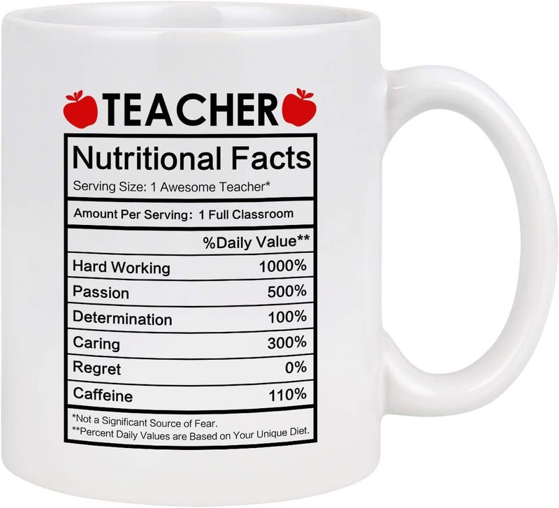 Maustic Teacher Coffee Mug Teacher Appreciation Gifts Teacher Nutritional Facts Mug Funny Coffee Mug Teacher Gifts for Women Men Preschool Elementary High School Teacher Mugs White 11 Ounce - Image 1