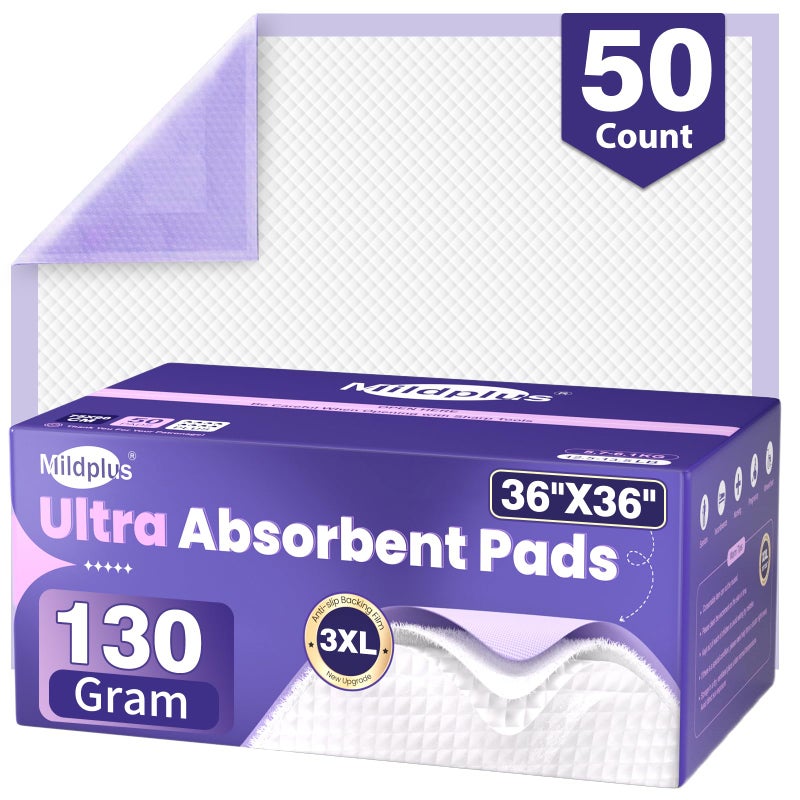MILDPLUS 130 Grams Heavy Duty Bed Pads 36''X36'', 50 Count Purple Disposable Underpads with Anti-Slip Film, Extra Large Chucks Pads, 3XL Thicker Incontinence Pads for Adults, Kids or Pet - Image 1