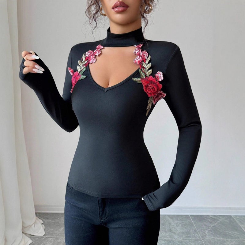 Women's V-Neck Cutout Patchwork Embroidered Slim Fit T-Shirt - Image 4
