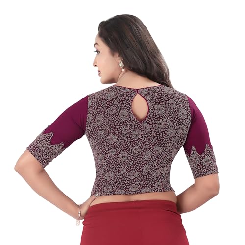 DESI GIRL - Round Neck Jacquard Regular Fit Saree Blouse for Women | Half Sleeve Readymade Stretchy Embroidered Design Festive Blouse Perfect for Saree, Lehenga, Kurti | Wine - 42 - Image 3