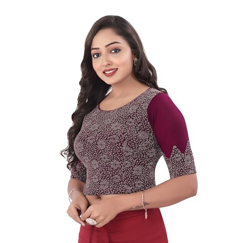 DESI GIRL - Round Neck Jacquard Regular Fit Saree Blouse for Women | Half Sleeve Readymade Stretchy Embroidered Design Festive Blouse Perfect for Saree, Lehenga, Kurti | Wine - 42 - Image 2