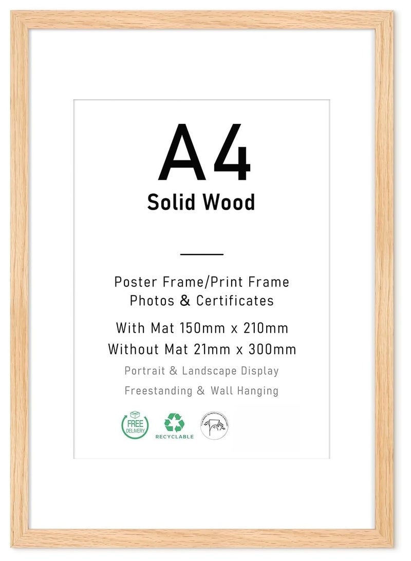 سوفام A4 شهادة إطار الصورة، OAK الخشب إطار الصورة مع تثبيت للطباعة A5(15x21) سم، ملصق إطار مع ضفاف زجاجية لجبل الحائط شاشة التثبيت أو عرض الجدول، 21x30 سم، مجموعة 1. - Image 1