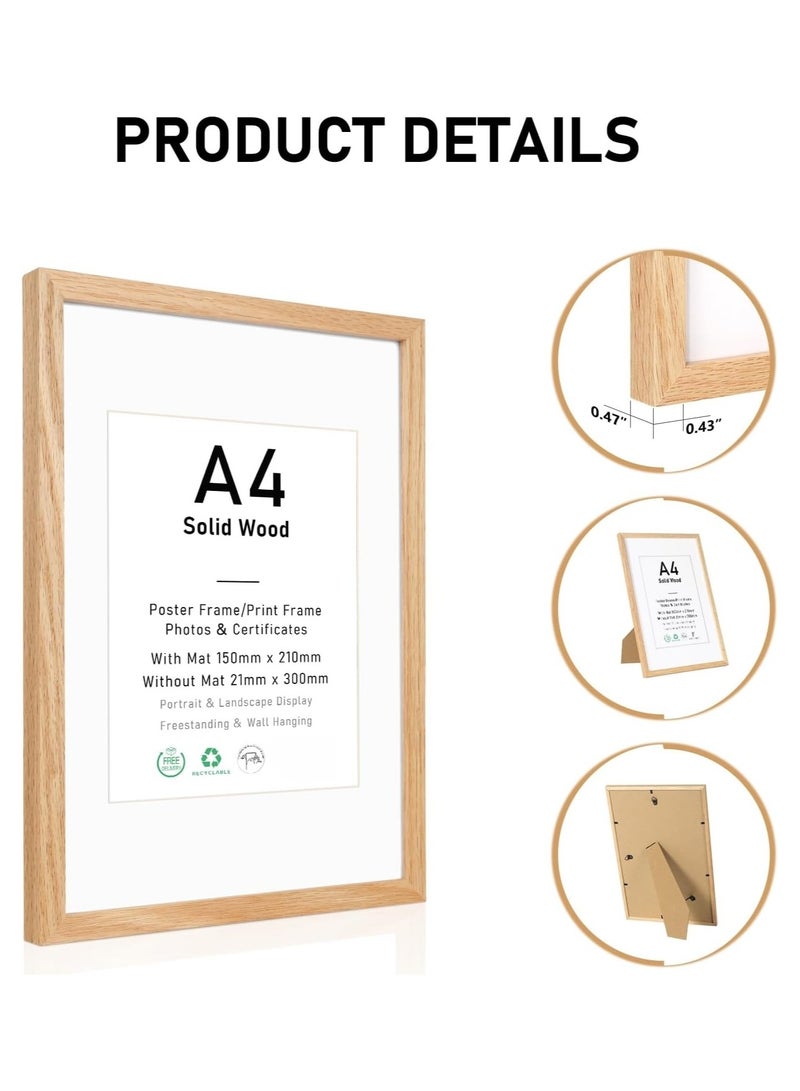 سوفام A4 شهادة إطار الصورة، OAK الخشب إطار الصورة مع تثبيت للطباعة A5(15x21) سم، ملصق إطار مع ضفاف زجاجية لجبل الحائط شاشة التثبيت أو عرض الجدول، 21x30 سم، مجموعة 1. - Image 5