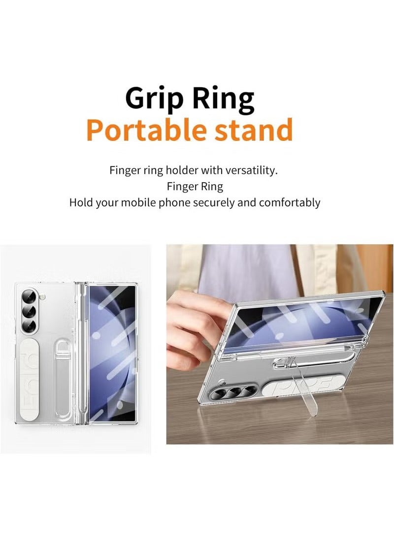Samsung Galaxy ZFold 6 Stand Case with Hand Strap and Hinge Protection Screen Protector, Raised Edge Cover for ZFold 6（Transparent） - Image 3