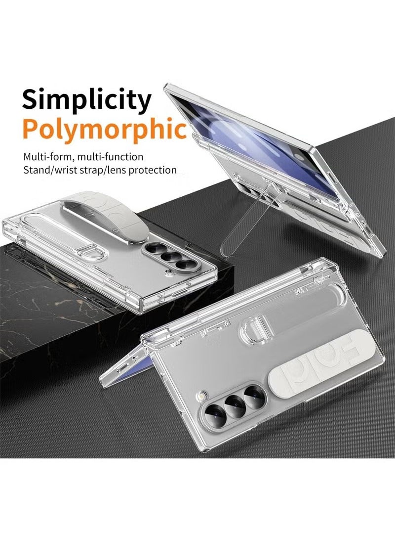 Samsung Galaxy ZFold 6 Stand Case with Hand Strap and Hinge Protection Screen Protector, Raised Edge Cover for ZFold 6（Transparent） - Image 5