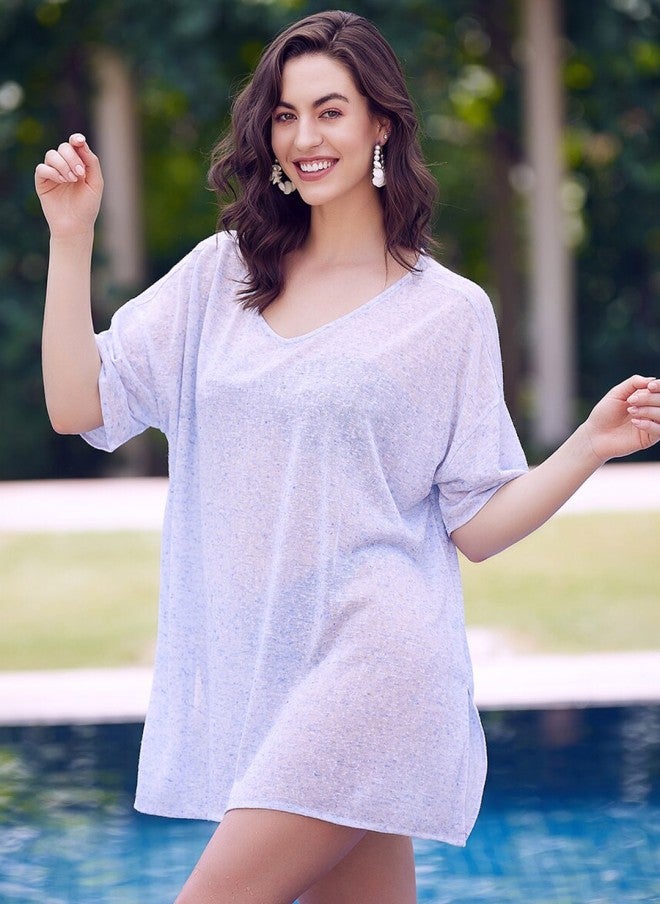 Athena فستان تغطية دائري العنق باللون الأزرق للنساء - Image 3