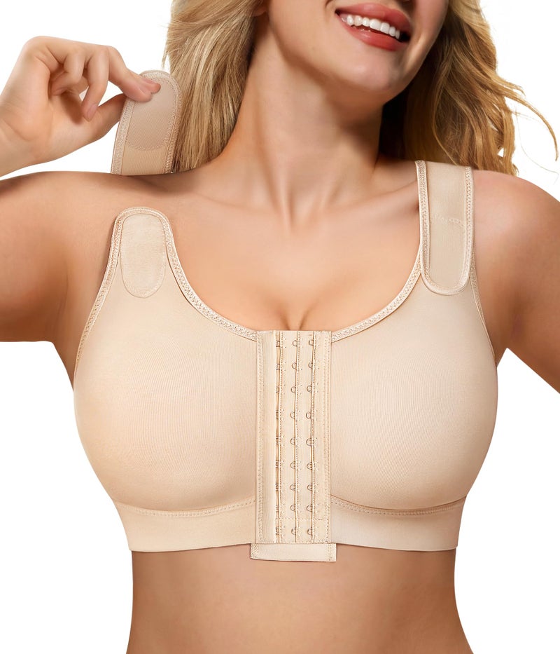 CYDREAM Front Closure Everyday Bras for Women Compression Post Surgery Support Wireless Unlined Bra Full Coverage Comfort Beige - Image 1