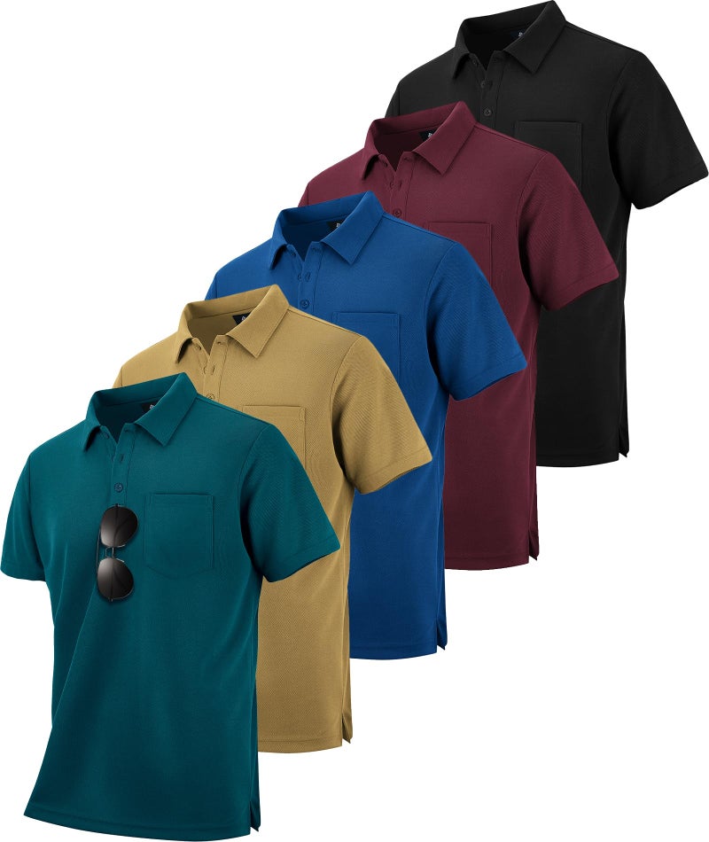 SCODI 5 Pack Mens Pocket Polo Shirts Short Sleeve Multipack Golf Shirt for Men Moisture Wicking Casual Athletic Work T-Shirts Black WineRed Blue Khaki tealblue XL - Image 1