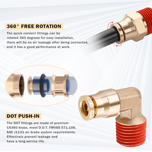 CheeMuii 43 Pcs Brass DOT Air Line Fittings with 50FT 1/4" & 32.8FT 3/8" DOT Air Hose Kit - 1/4, 3/8, 1/2 Push to Connect NPT Thread & Quick Connect Fittings - Image 5
