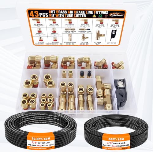CheeMuii 43 Pcs Brass DOT Air Line Fittings with 50FT 1/4" & 32.8FT 3/8" DOT Air Hose Kit - 1/4, 3/8, 1/2 Push to Connect NPT Thread & Quick Connect Fittings - Image 2