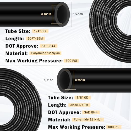 CheeMuii 43 Pcs Brass DOT Air Line Fittings with 50FT 1/4" & 32.8FT 3/8" DOT Air Hose Kit - 1/4, 3/8, 1/2 Push to Connect NPT Thread & Quick Connect Fittings - Image 4