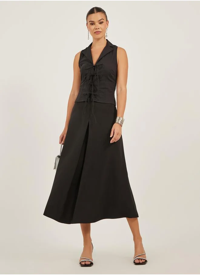 Styli Pleated A-Line Midi Skirt with Belt Loop Detail