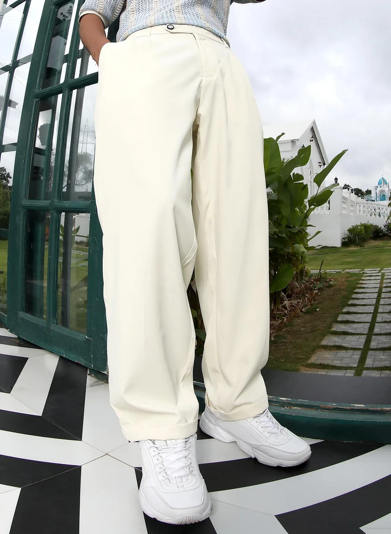 Campus Sutra Campus Sutra Men's Cloud White Extended-Waistband Pleated Trousers | Mid-Rise , Cuffed Hem , Button Closure , Tailored -Fit | Solid Twill | Polyester Blend Trouser For Casual Wear