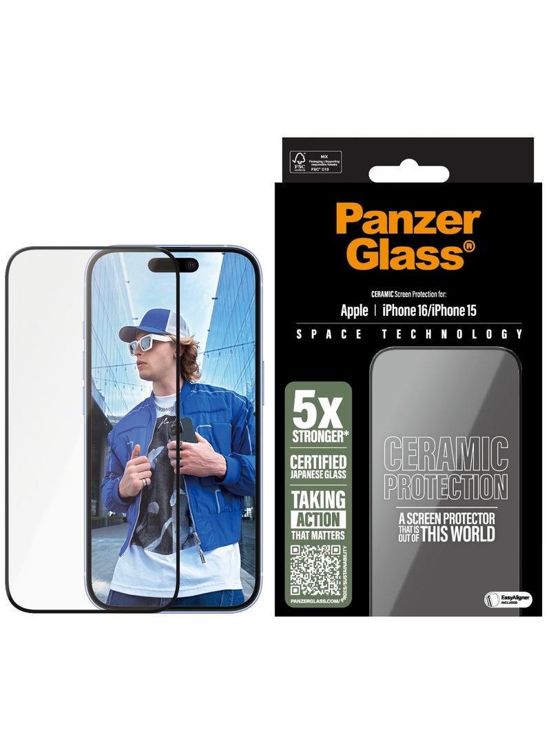 PanzerGlass حماية شاشة سيراميك PanzerGlass® لجهاز Apple iPhone 16، EasyAligner، زجاج سيراميك ياباني بقوة 5X، مقاومة عالية للخدوش، مقاومة للصدمات - Image 1