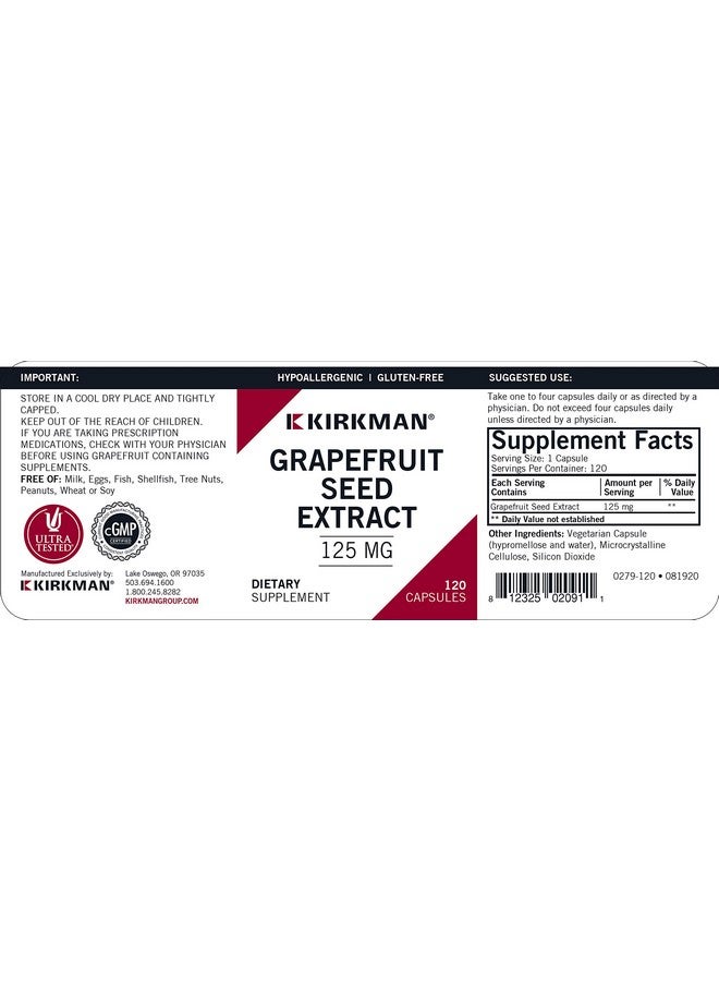 Kirkman Grapefruit Seed Extract 125 Mg Capsules Hypoallergenic 120 Count - Image 3