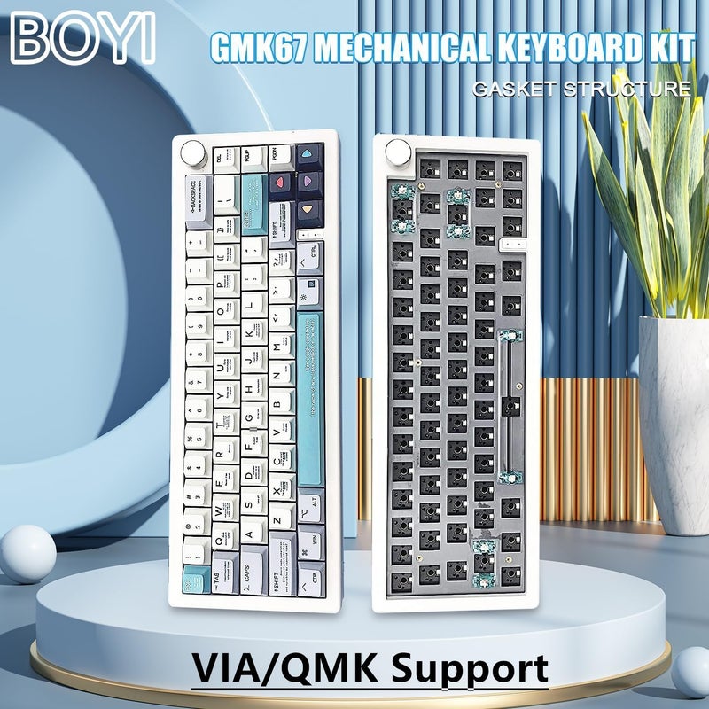 BOYI GMK67Pro Keyboard Barebones Kit,QMK/VIA Programmable BT5.0/2.4G/Type-C Tri-Mode Wireless RGB Gasket Mounted 65% Compact Custom RGB 4000mAh Mechanical Keyboard with Knob DIY Kit(White) - Image 1