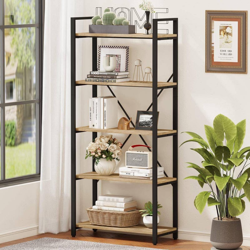 FATORRI 5 Tier Bookshelf Industrial Wood and Metal Book Shelves for Display Tall Etagere Bookcase and Rustic Shelving Unit Rustic Oak