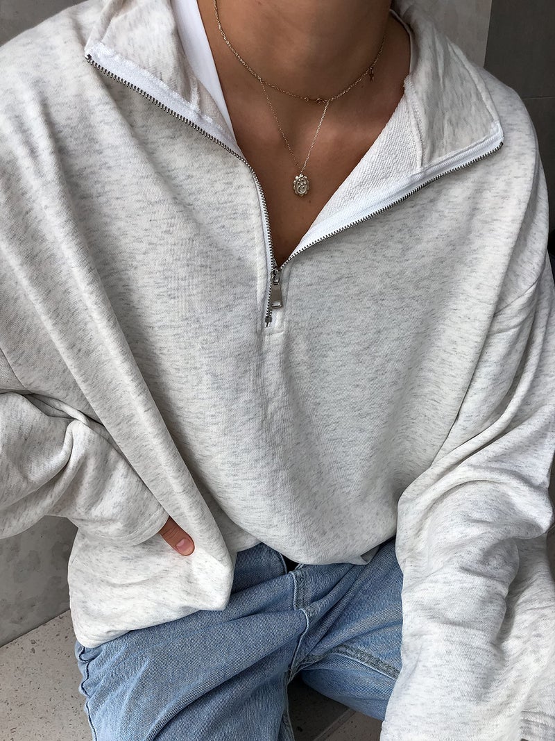 LAVASEON Womens Oversized Half Zip Lapel Sweatshirt Solid Color Casual Long Sleeve Cropped Pullover Top Lightgrey - Image 4