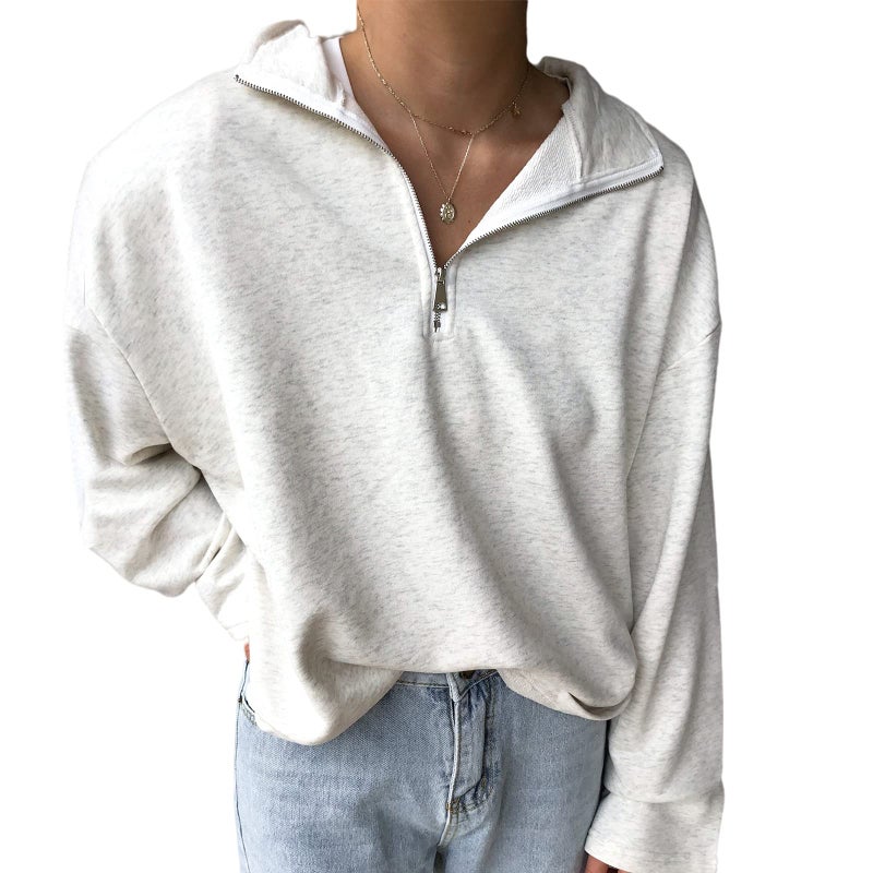 LAVASEON Womens Oversized Half Zip Lapel Sweatshirt Solid Color Casual Long Sleeve Cropped Pullover Top Lightgrey - Image 1