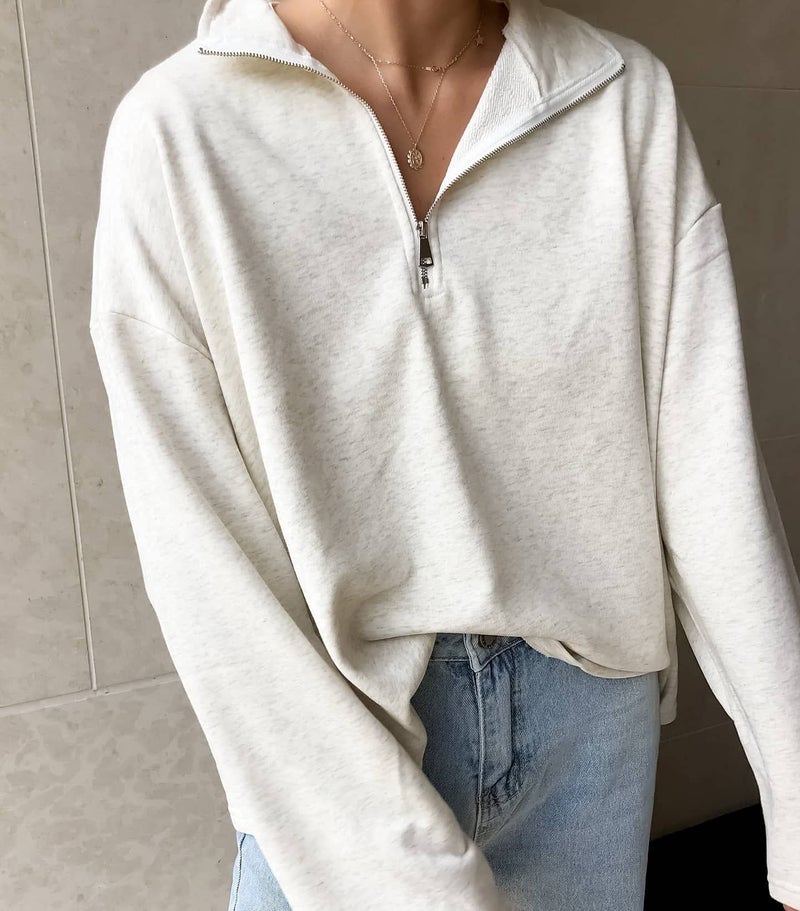 LAVASEON Womens Oversized Half Zip Lapel Sweatshirt Solid Color Casual Long Sleeve Cropped Pullover Top Lightgrey - Image 2