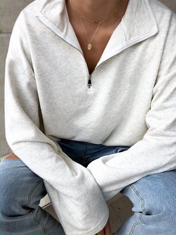 LAVASEON Womens Oversized Half Zip Lapel Sweatshirt Solid Color Casual Long Sleeve Cropped Pullover Top Lightgrey - Image 3