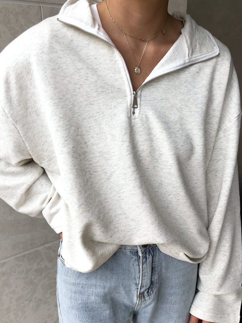 LAVASEON Womens Oversized Half Zip Lapel Sweatshirt Solid Color Casual Long Sleeve Cropped Pullover Top Lightgrey - Image 5