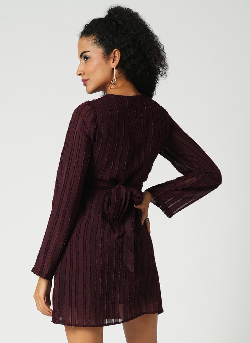 Globus Women's Burgundy Self Design Mini Party Dress with Wrap-Neck and Long Sleeves - Image 4